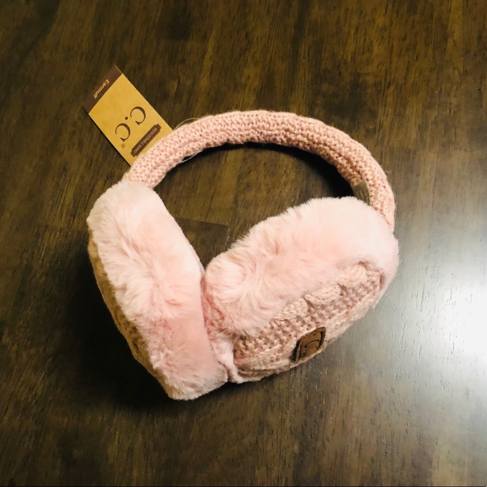 C.C Dusty Rose Cable Knit Ear Muffs w/Faux Fur - Picture 3 of 5